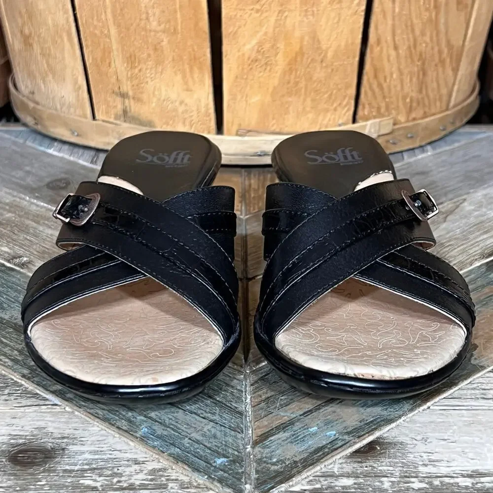 Sofft Black Leather Charm Criss Cross Slide Demi-Heel Sandals Womens Size 6